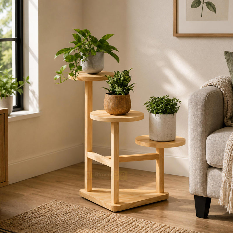 Modern Hibiscus plant stand with multi-level wooden shelves for indoor flower pots and decorative plant display