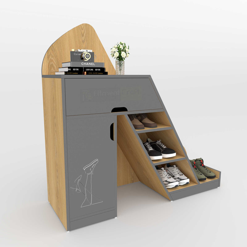 A modern shoe cabinet with a light wood grain exterior and a dark gray drawer and door. The open side reveals multiple shelves and a lower tray holding several pairs of shoes.