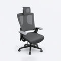 Angled front view of Juhimin ergonomic office chair with black mesh seat, adjustable headrest, armrests and five-star caster base.