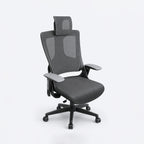 Angled front view of Juhimin ergonomic office chair with black mesh seat, adjustable headrest, armrests and five-star caster base.