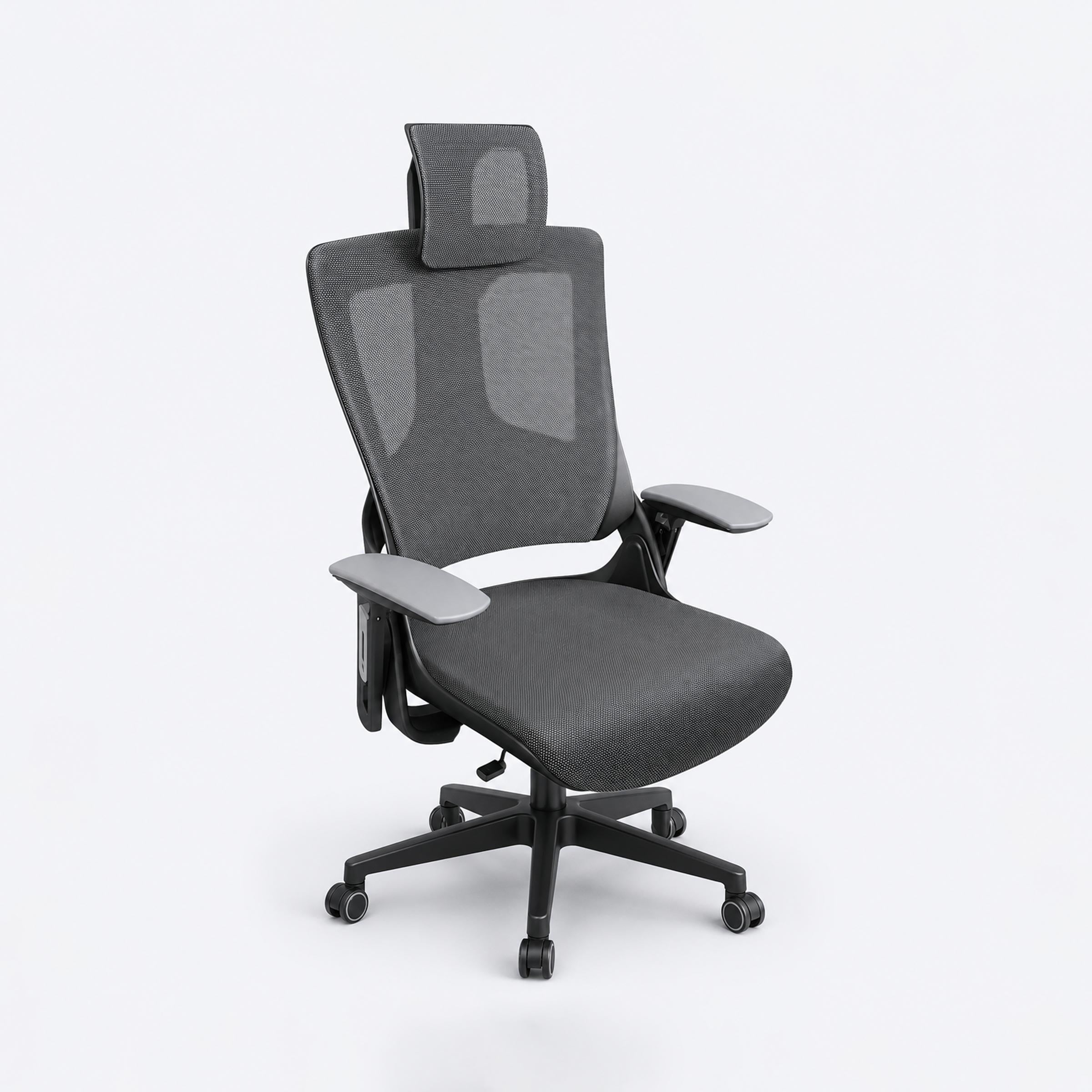 Angled front view of Juhimin ergonomic office chair with black mesh seat, adjustable headrest, armrests and five-star caster base.