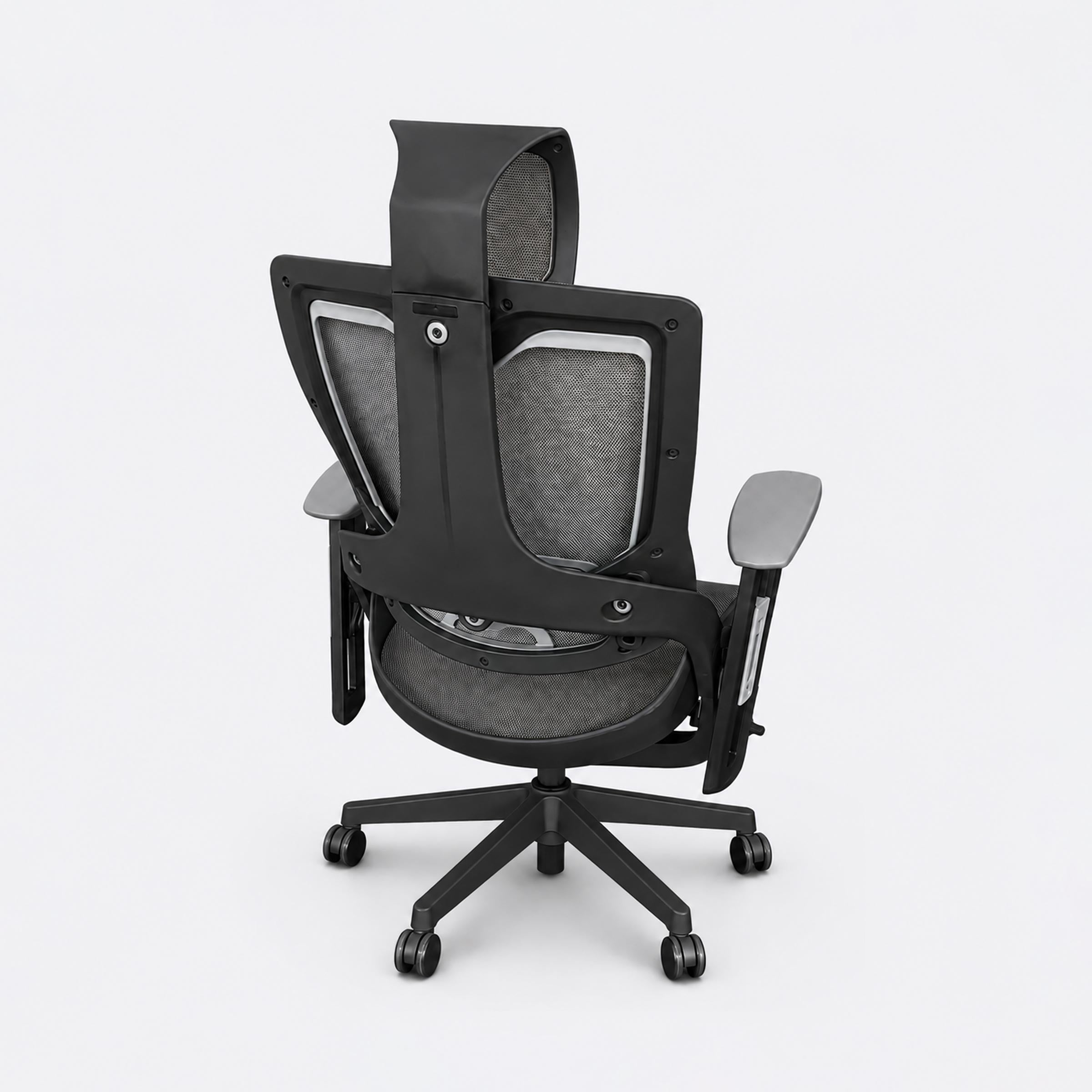 Rear view of Juhimin ergonomic office chair with black mesh backrest, adjustable headrest, armrests and five-star caster base.