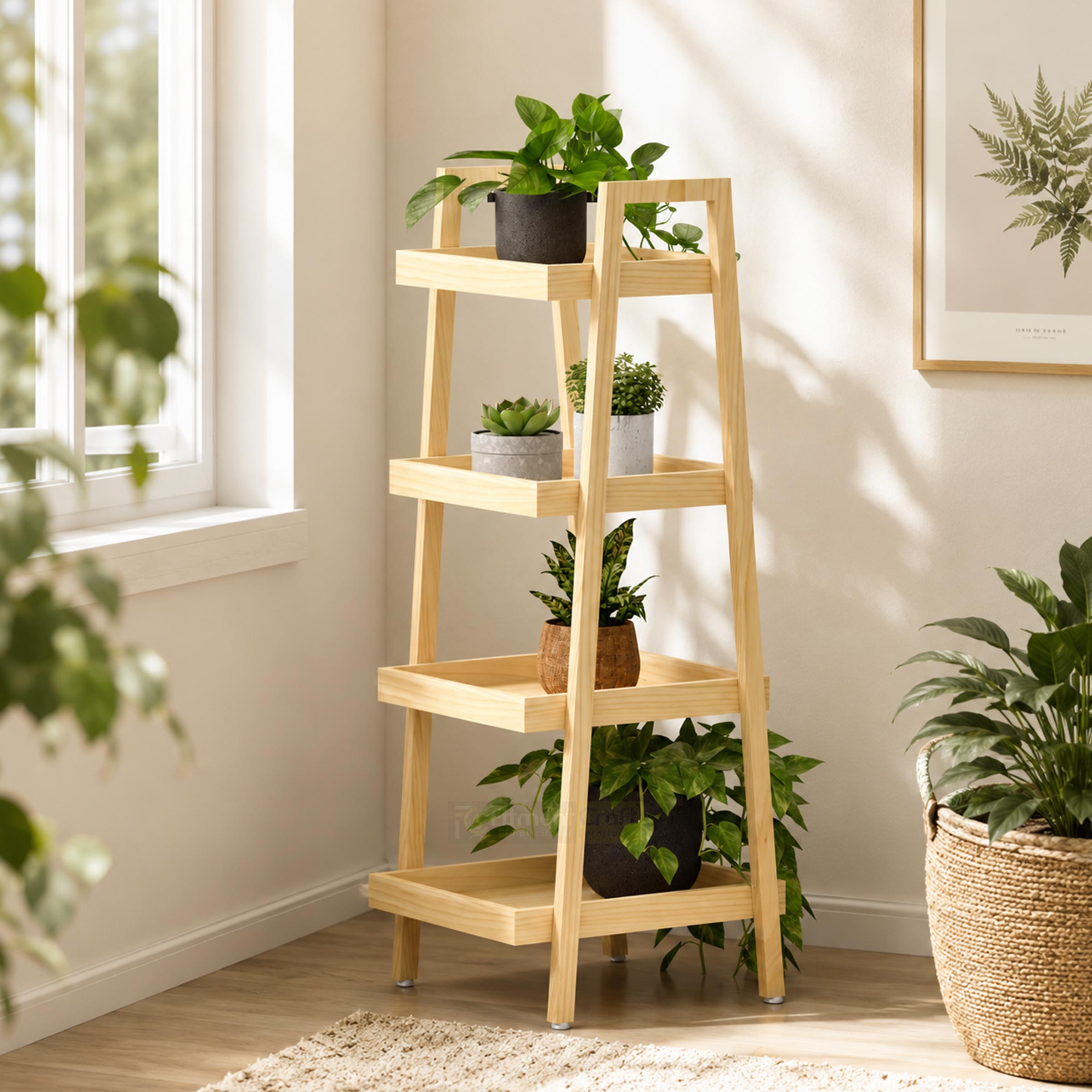 Jylix Plant Stand wooden four-tier shelf for indoor plants, balcony decor, living room, and home garden use in BD homes.