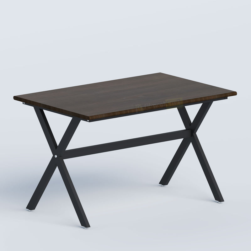 Kelyn Restaurant Table with dark wood top and black X-frame metal legs, ideal for modern cafés and dining spaces.