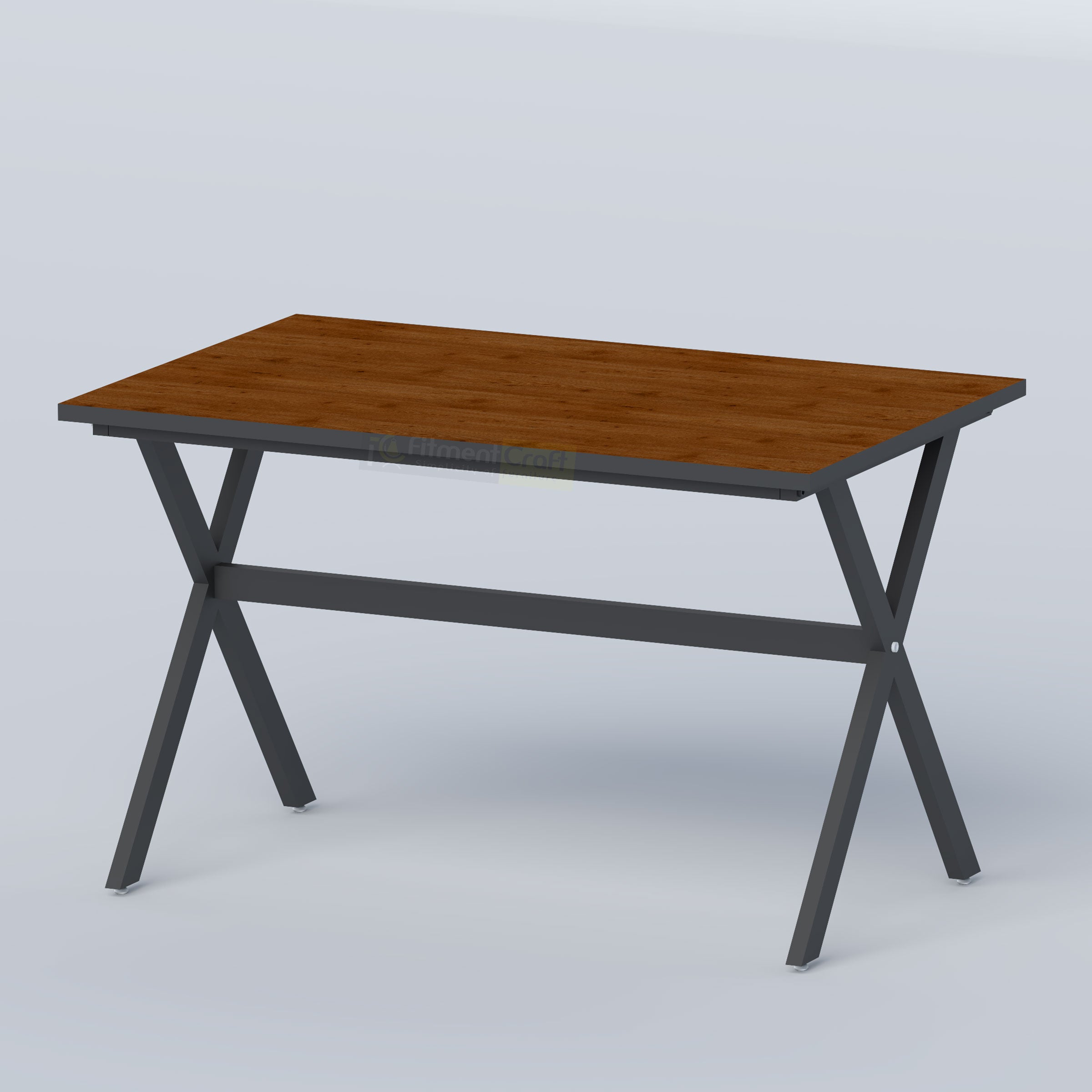 Kelyn café table with walnut-look laminated board top and sturdy black mild steel frame for commercial restaurant use.