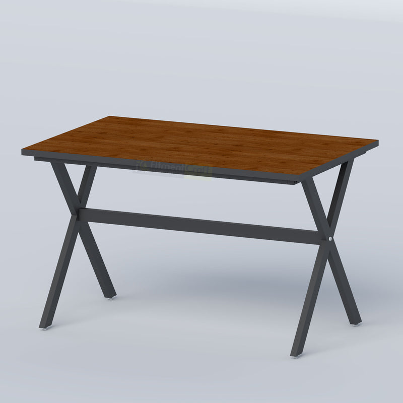 Kelyn café table with walnut-look laminated board top and sturdy black mild steel frame for commercial restaurant use.