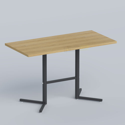 Kenro restaurant dining table with walnut-look top, black metal frame and spacious four-person rectangular design.