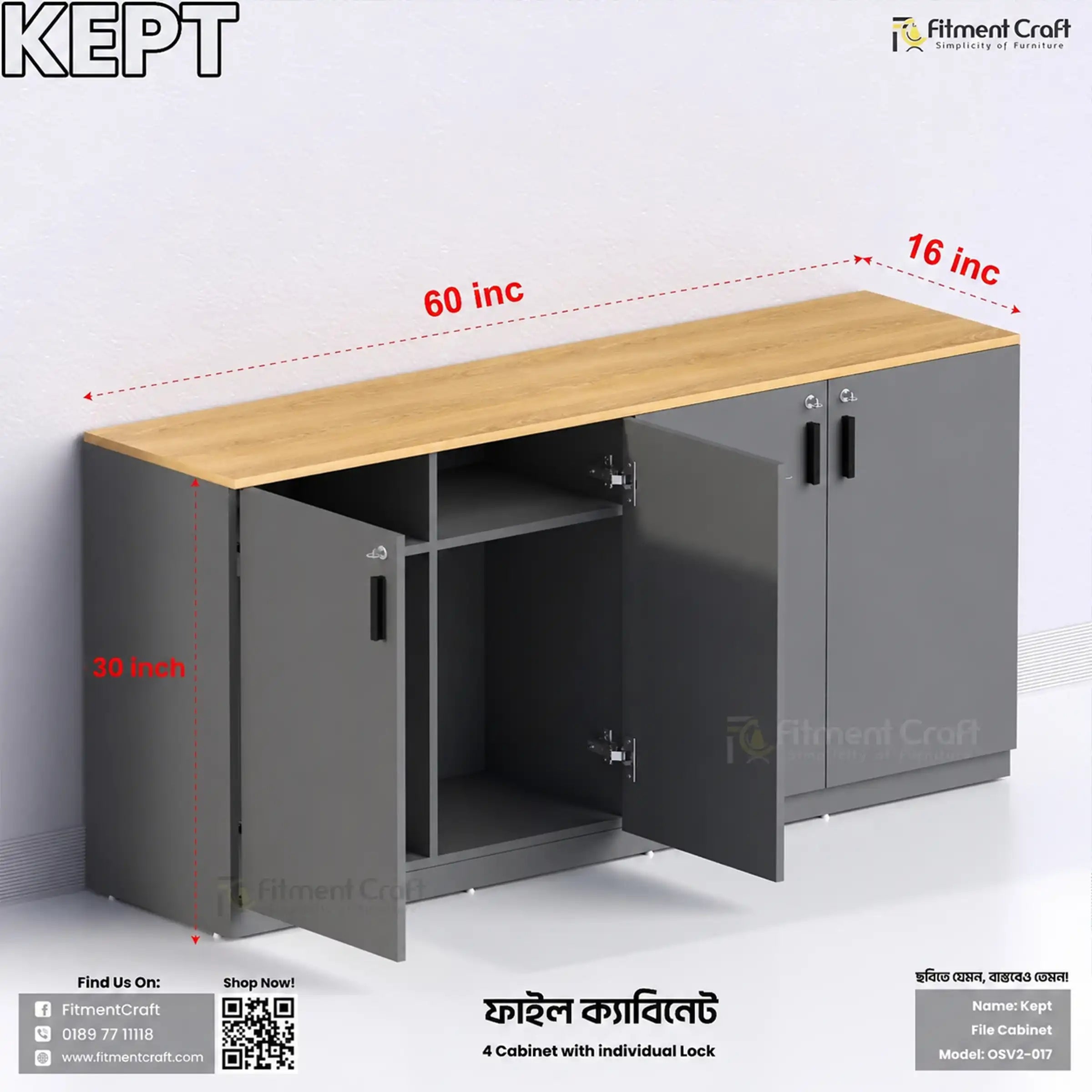 A wall-mounted file cabinet with a light wood top and dark gray metal doors, shown with red dimension lines indicating 60 inches long, 16 inches deep, and 30 inches high. The image includes branding for Fitment Craft and product details in Hindi and English.