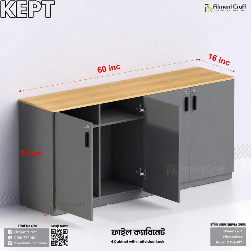 A wall-mounted file cabinet with a light wood top and dark gray metal doors, shown with red dimension lines indicating 60 inches long, 16 inches deep, and 30 inches high. The image includes branding for Fitment Craft and product details in Hindi and English.