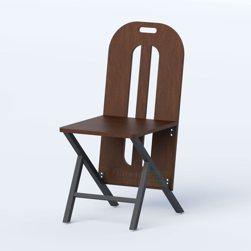 Kevra café chair in walnut finish with comfortable wooden seat, tall back support and reinforced black metal frame.