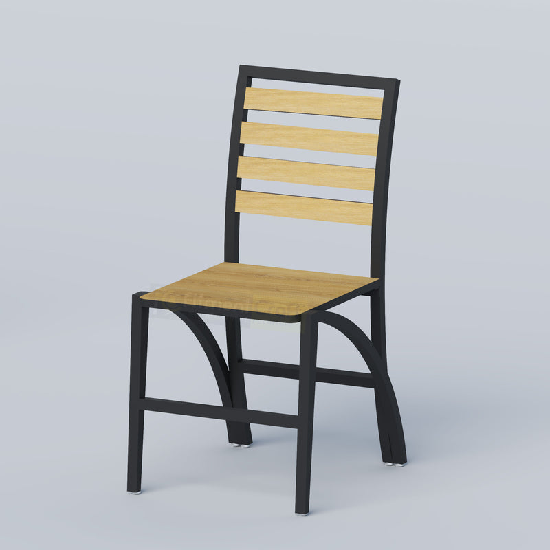 Kevro wooden restaurant chair with a compact shape and modern steel frame for cafés, food courts and canteens.