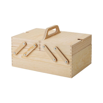 Klammemacka desk organizer in pine plywood with handle, ideal for pens, craft tools, sewing items and table storage box.
