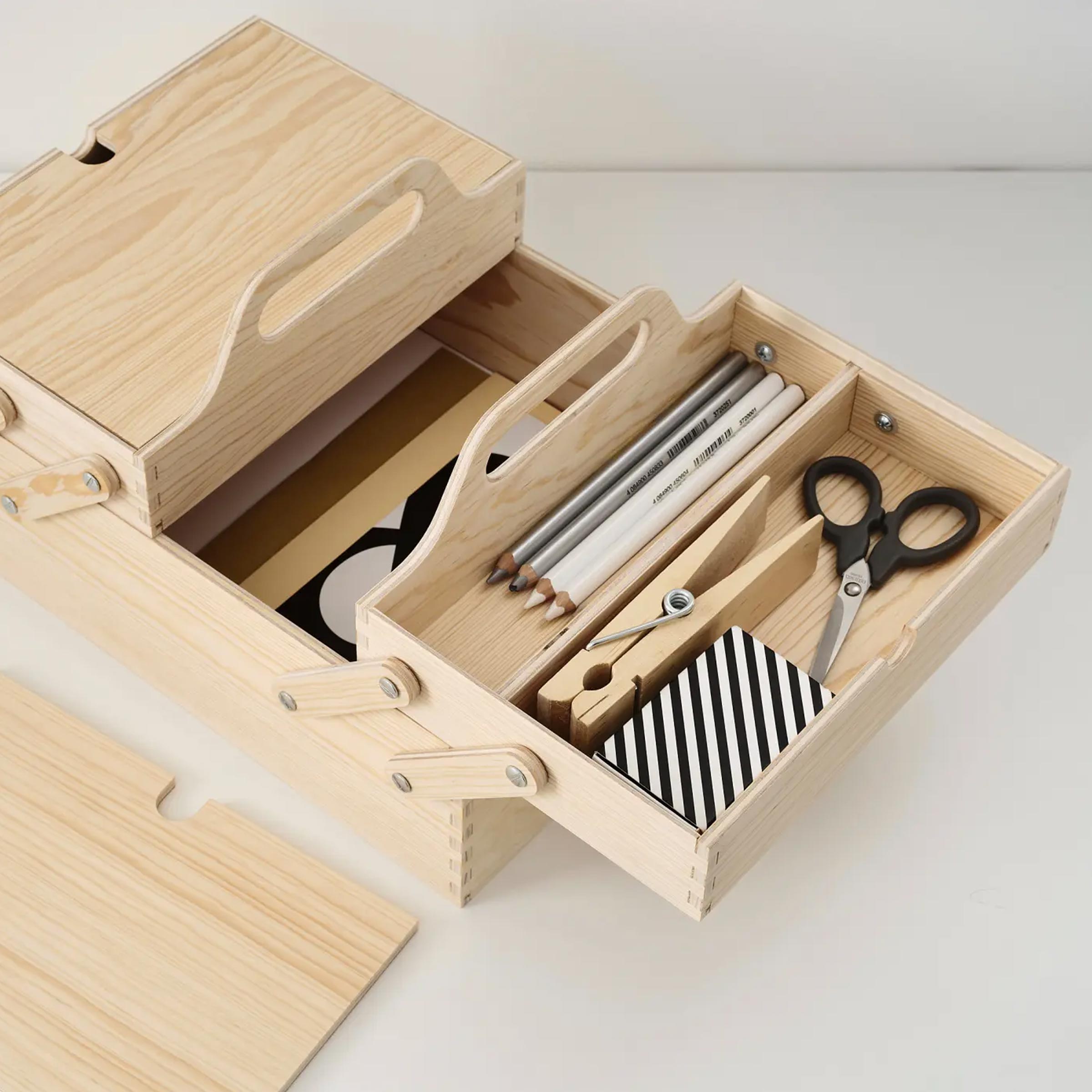Compact desk organizer with carry handle and multiple compartments for pens, scissors, thread, craft and office item box