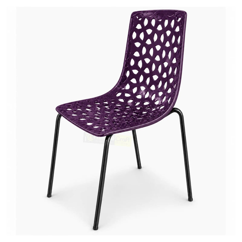 A dark purple Lattice Outdoor Chair with ABS plastic shell and stainless steel frame for balcony, patio or cafe seating.
