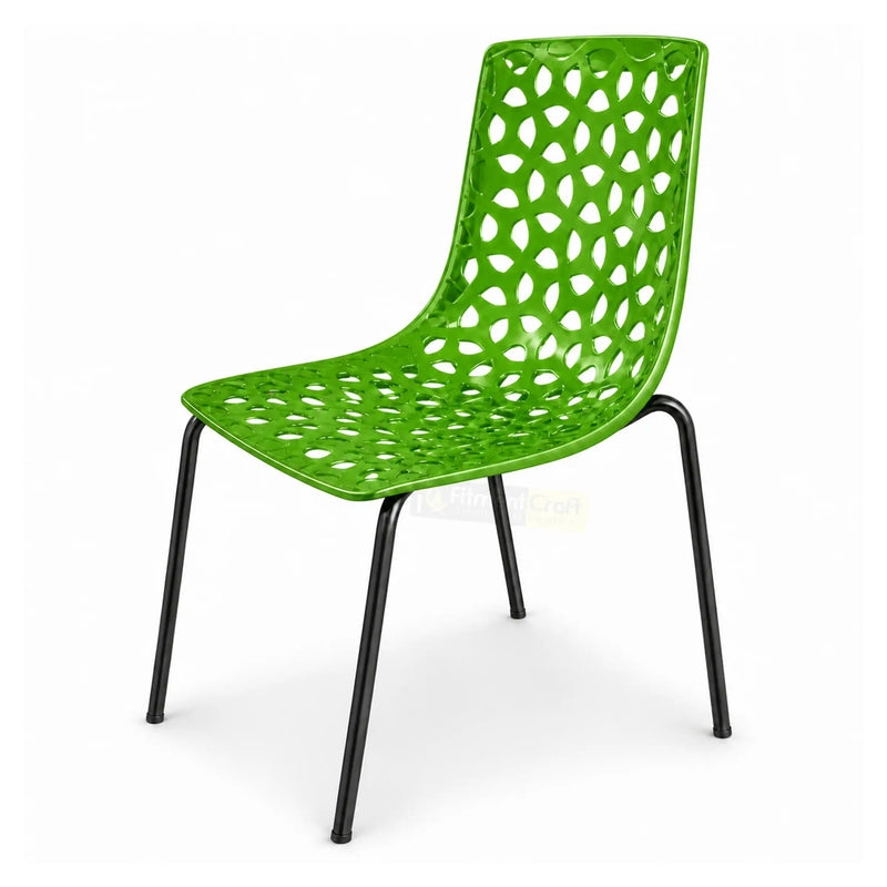 Green Lattice Outdoor Chair featuring a curved ABS plastic shell and stainless steel frame for patio or balcony seating.