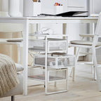 Lennart three-drawer storage unit in white steel with wheels for papers, files, stationery, and desk accessories.
