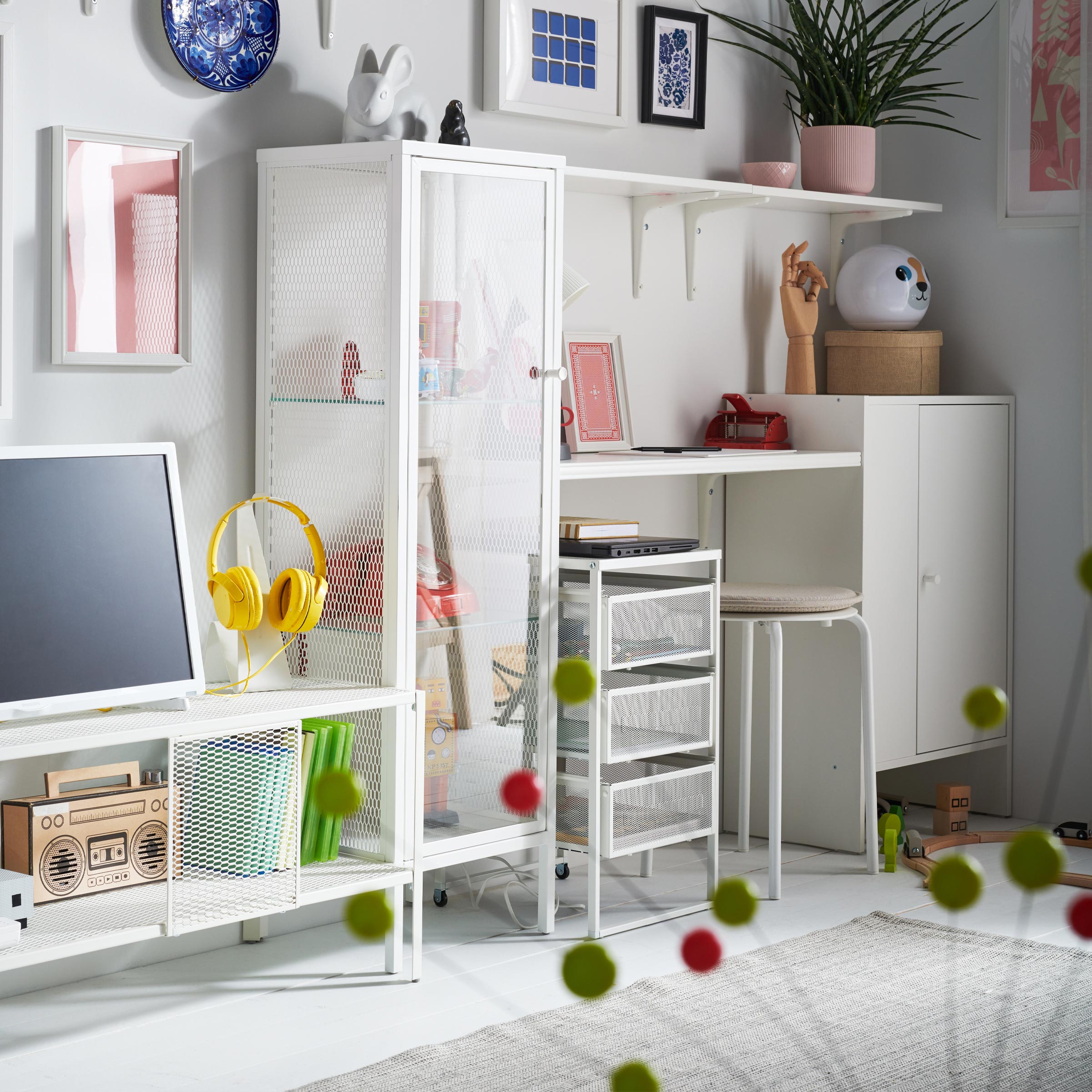White mobile storage cabinet with three pull-out mesh drawers for organising documents and home office supplies.