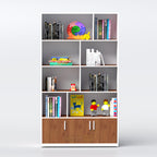 Modern storage shelf with cabinet doors for organized book and file management