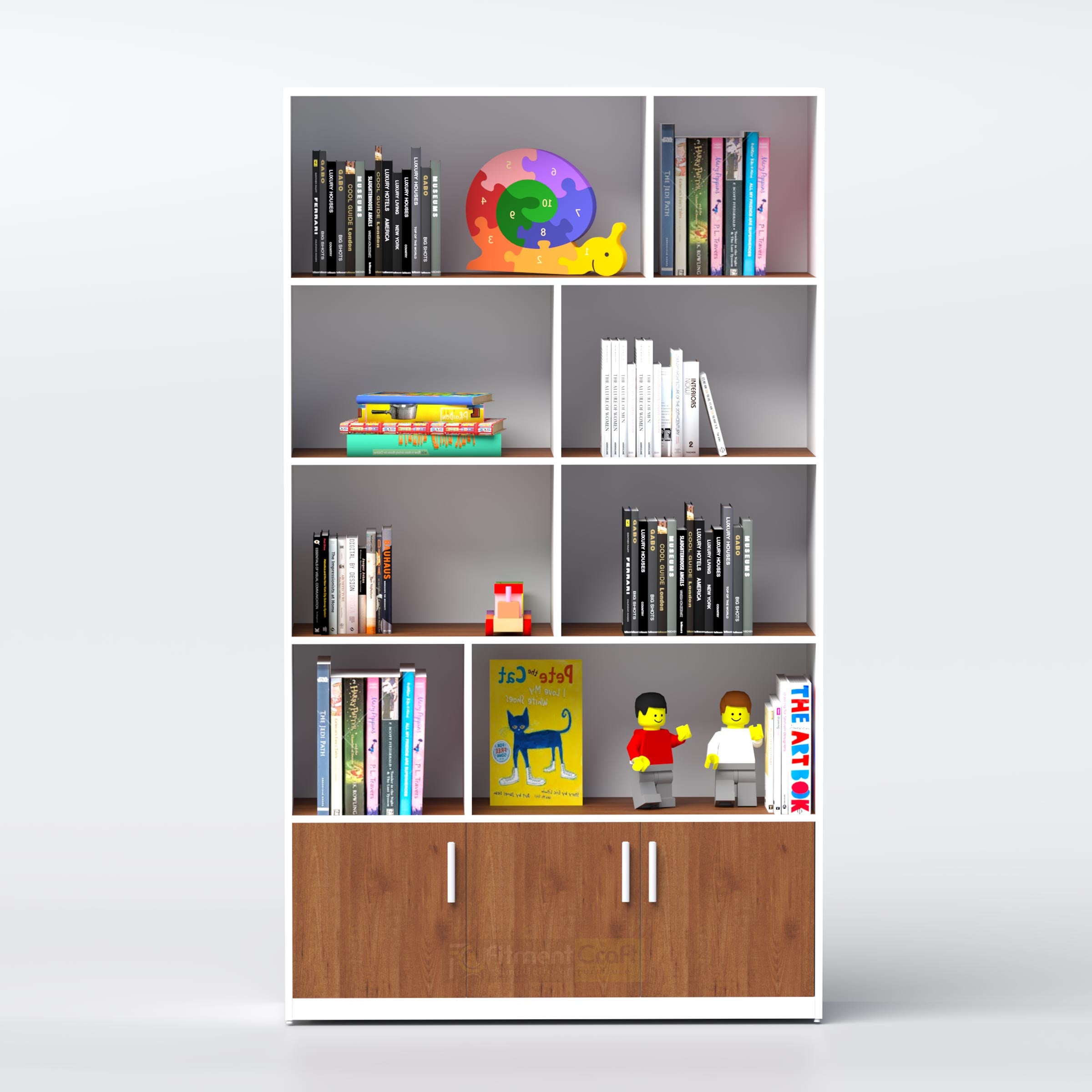Modern storage shelf with cabinet doors for organized book and file management