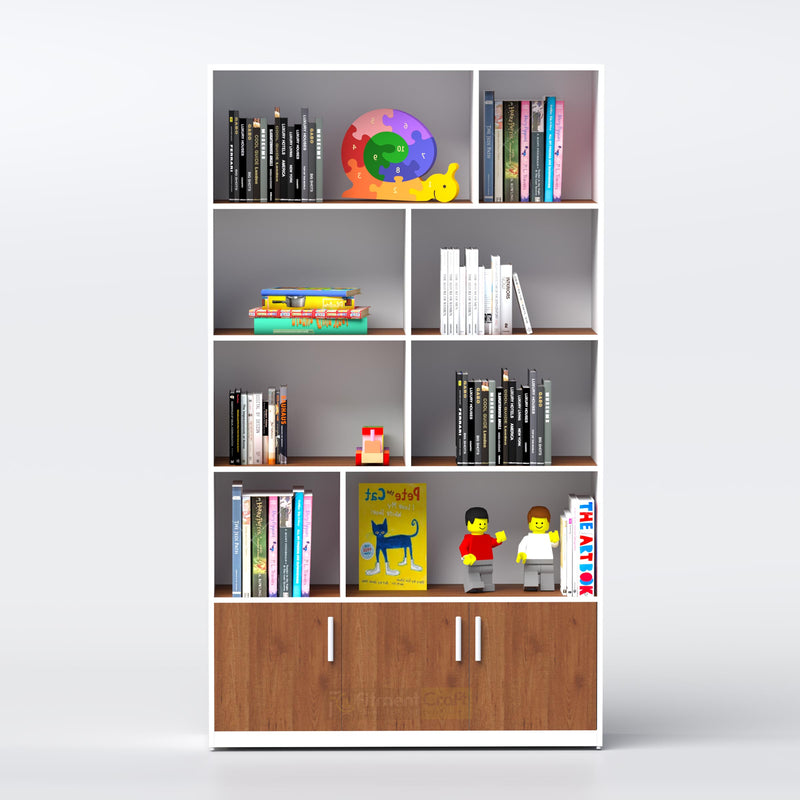 Modern storage shelf with cabinet doors for organized book and file management