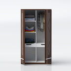 Open Lubitex Almirah showing shelves, hanging rail, drawers and lower compartments for organized clothes storage.