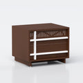 Angled view of Lubitex Bed Side Table in dark brown and white finish with two open storage shelves.