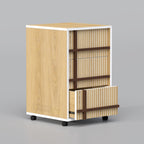 Modern drawer storage unit with wooden finish and wheels, compact office cabinet for documents and accessories