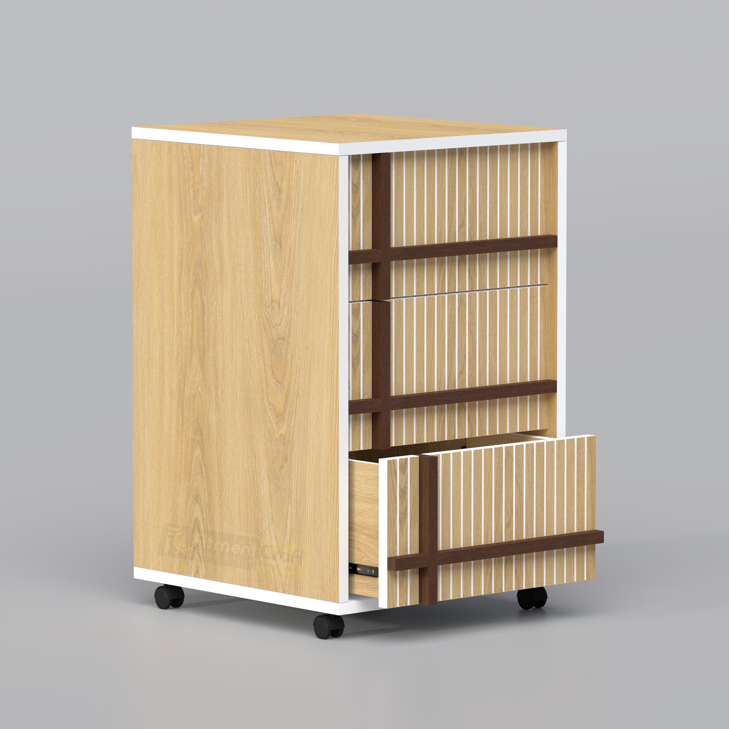 Modern drawer storage unit with wooden finish and wheels, compact office cabinet for documents and accessories
