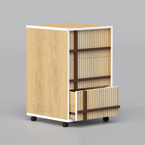 Modern drawer storage unit with wooden finish and wheels, compact office cabinet for documents and accessories