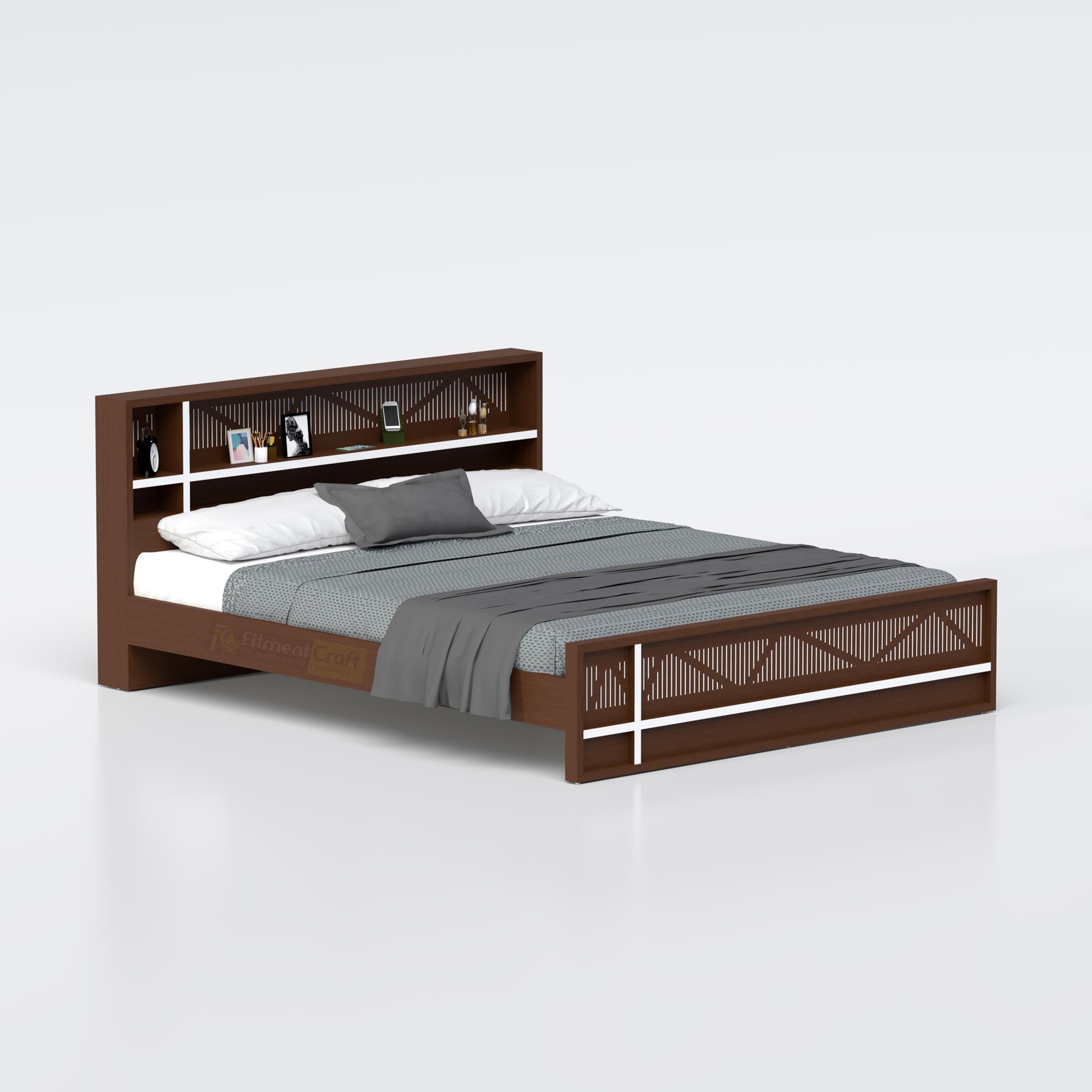 Lubitex standard king size bed with premium MDF wood and LB finish, modern bedroom furniture with storage headboard design