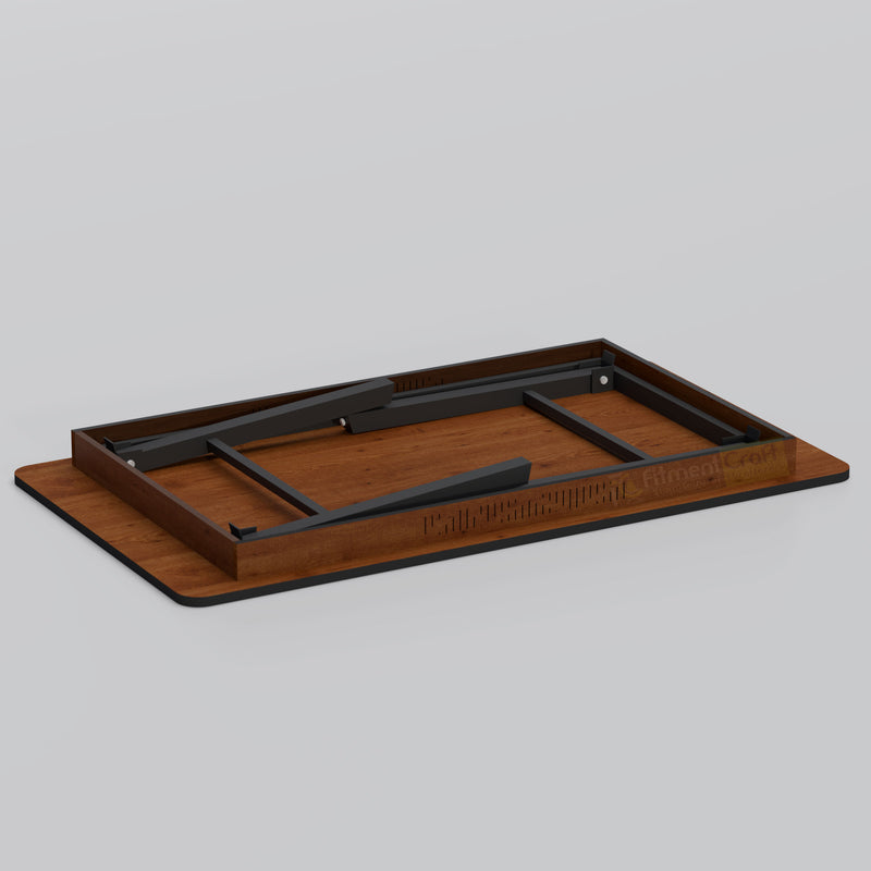 Folded Lubitex Dining Table showing compact under-table steel leg system for convenient storage and transportation.