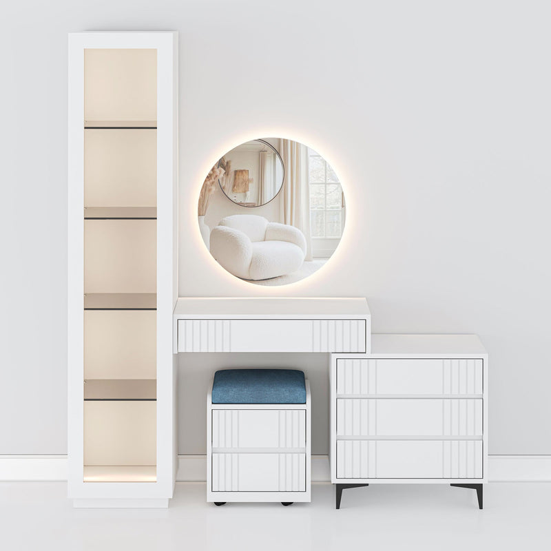 Modern Melin dressing table with LED mirror, engineered wood design, glass shelves, and premium bedroom storage solution