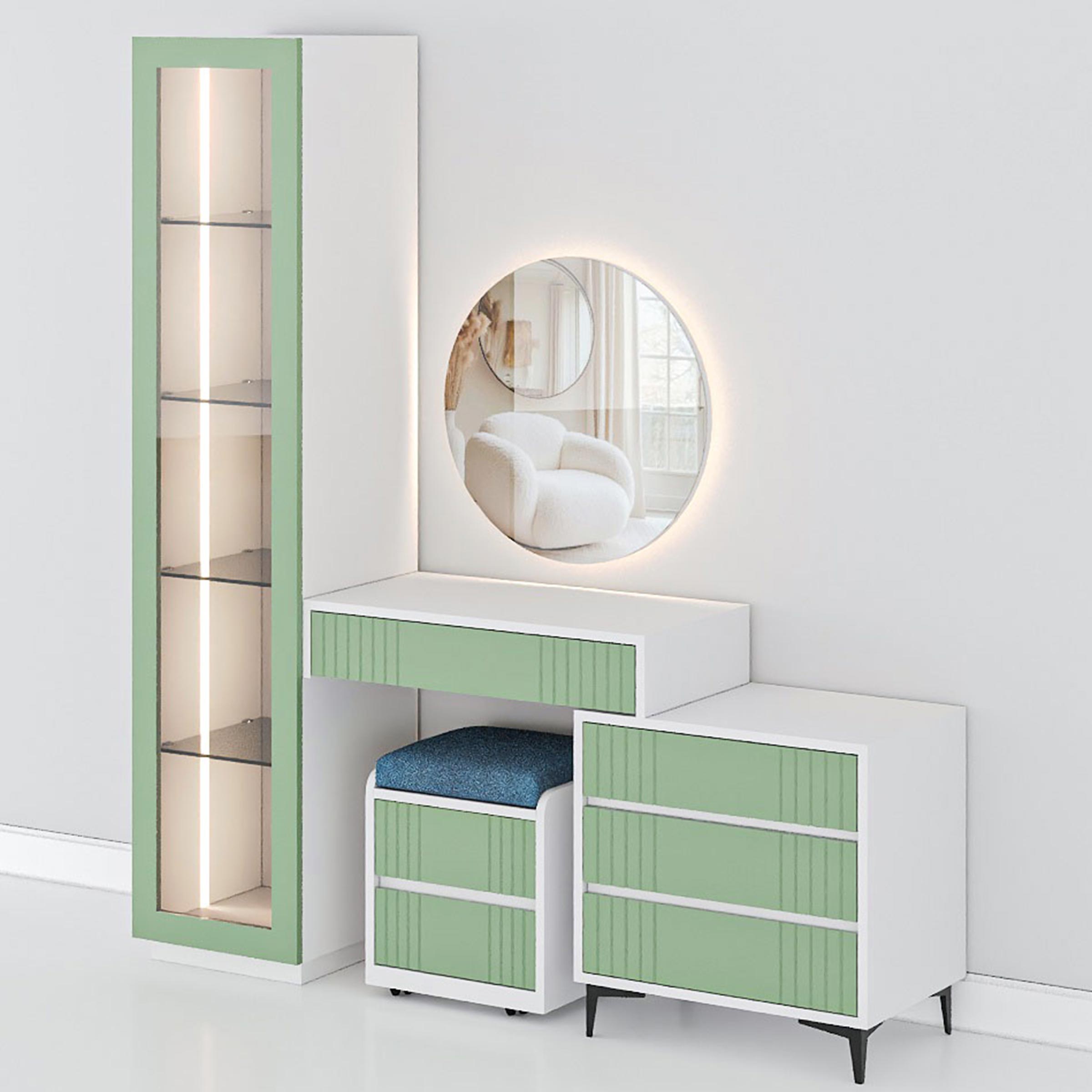 Luxury dressing table with LED mirror light, Duco finish, glass cabinet, and smart storage for modern bedrooms