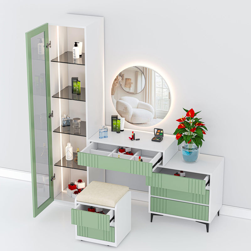 Modern LED dressing table with glass shutter cabinet, drawers, stool, and durable engineered wood construction