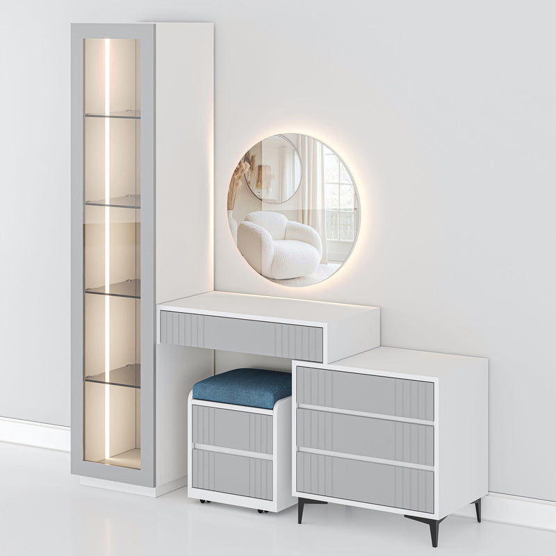 Space-saving dressing table with LED mirror, storage drawers, and luxury finish for modern bedroom decoration