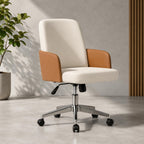 Milo executive chair with cream upholstery, tan armrests, adjustable height and chrome wheeled base for smart office use