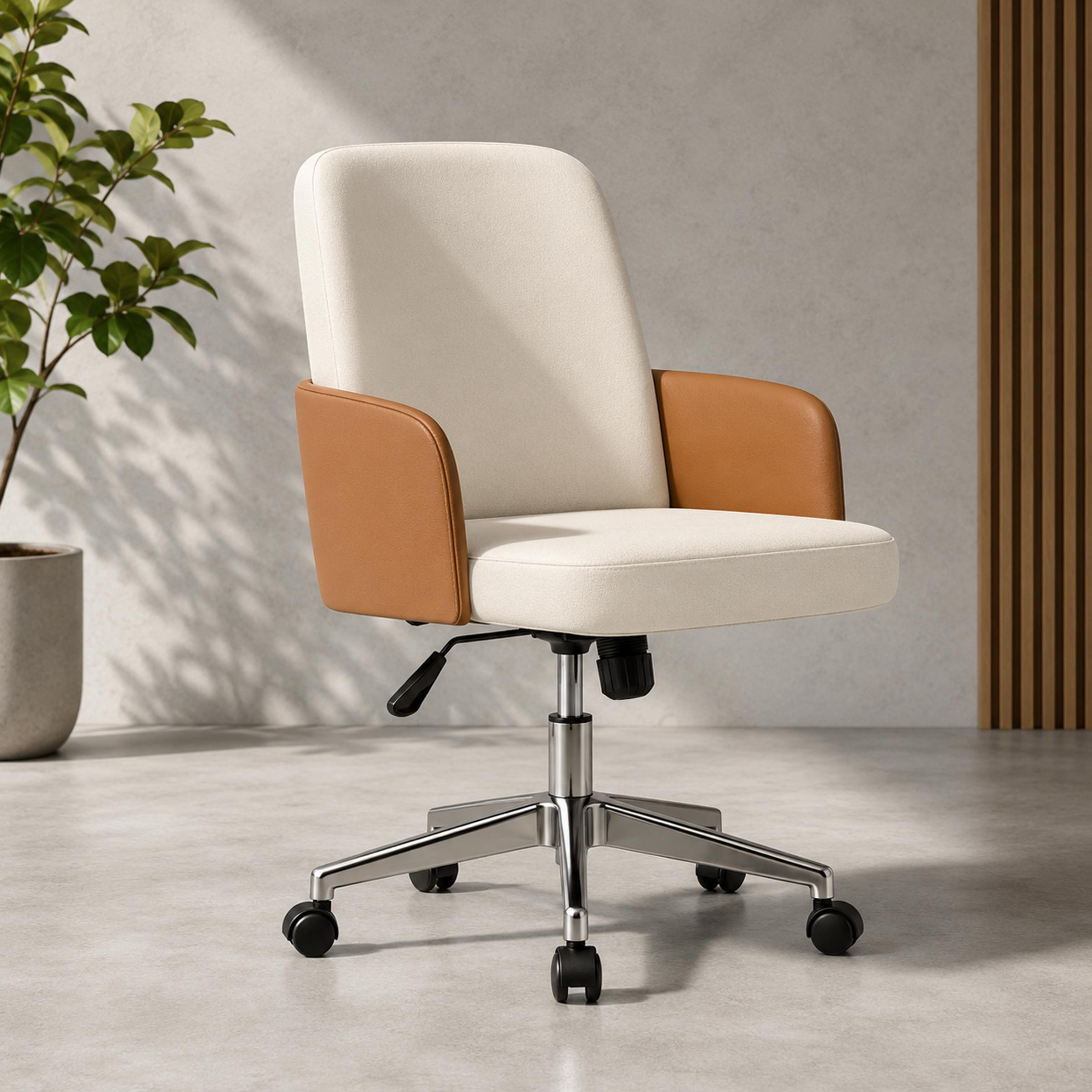Milo executive chair with cream upholstery, tan armrests, adjustable height and chrome wheeled base for smart office use