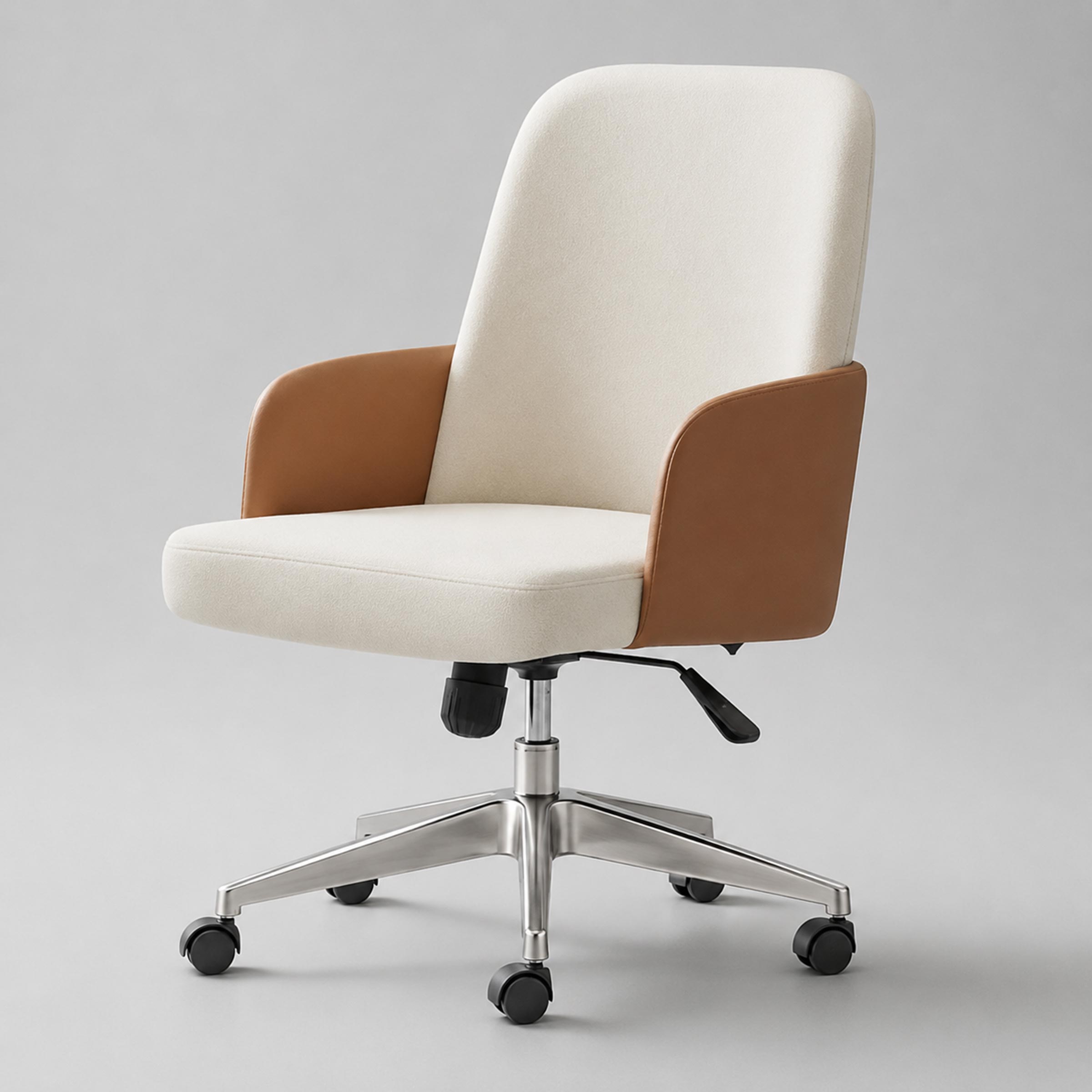 Modern Milo office chair in cream and tan with cushioned back padded seat, armrests and smooth rolling chrome wheel base