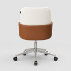 Ergonomic Milo executive chair with high back, padded cream fabric, tan arm supports and adjustable swivel caster wheels