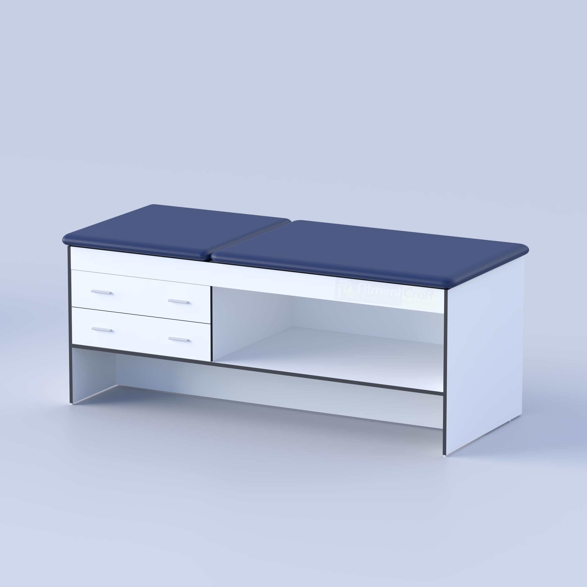 Adjustable patient examination couch with open shelf storage
