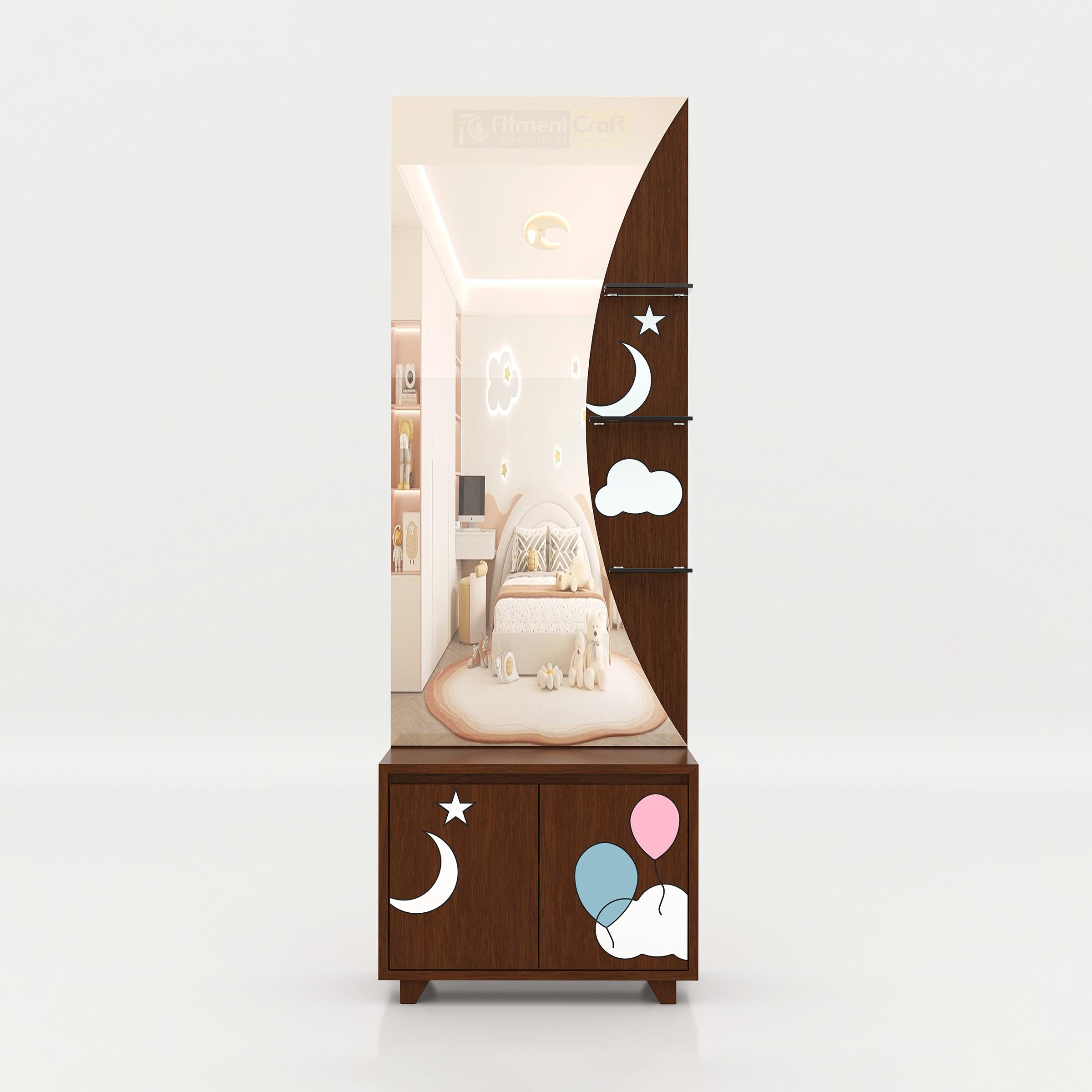 Moony Cloud Dressing Table with mirror, storage drawers, decorative shelves, and premium modern furniture appearance.