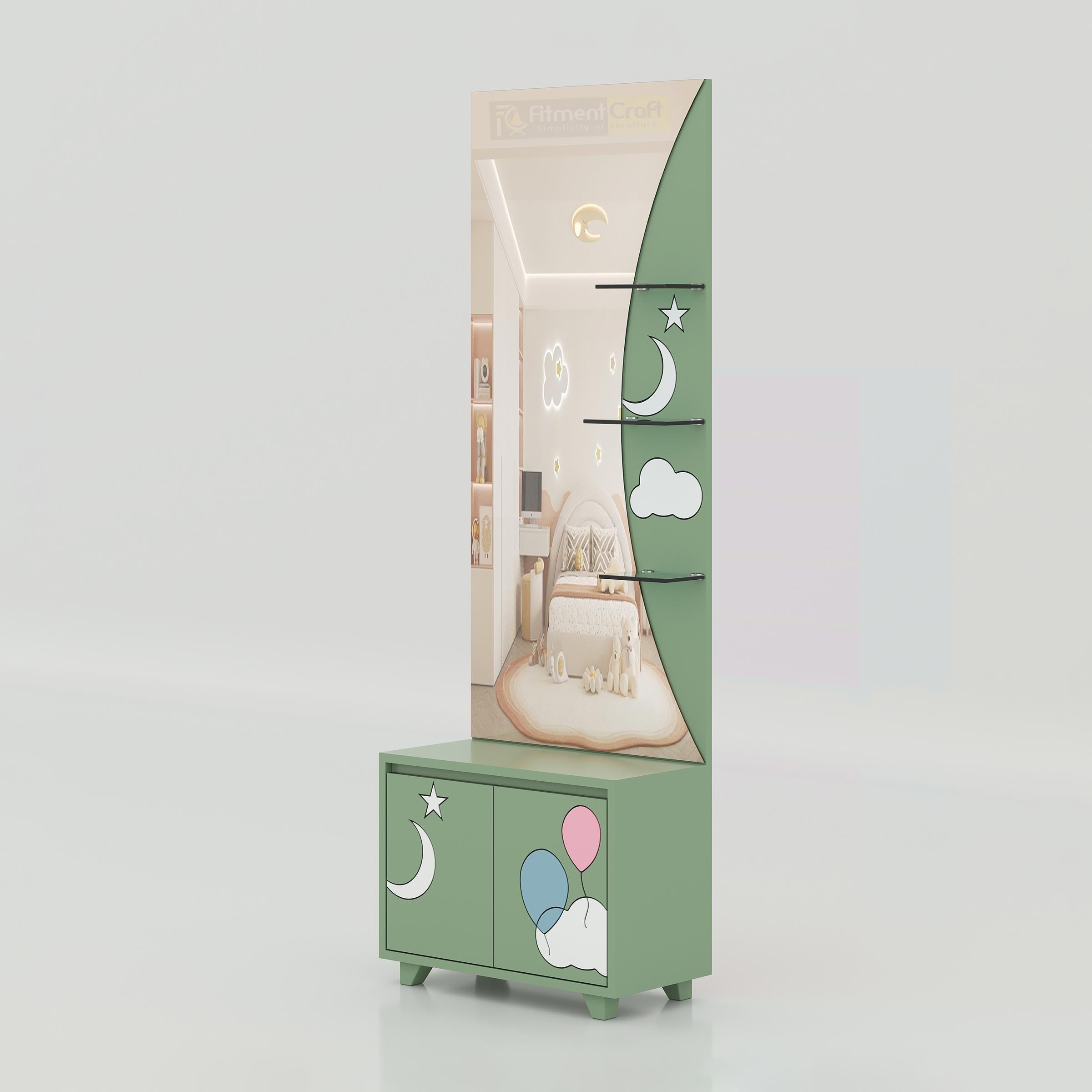 Modern Moony Cloud Dressing Table featuring premium mirror, storage cabinet, cloud design, and elegant bedroom décor.
