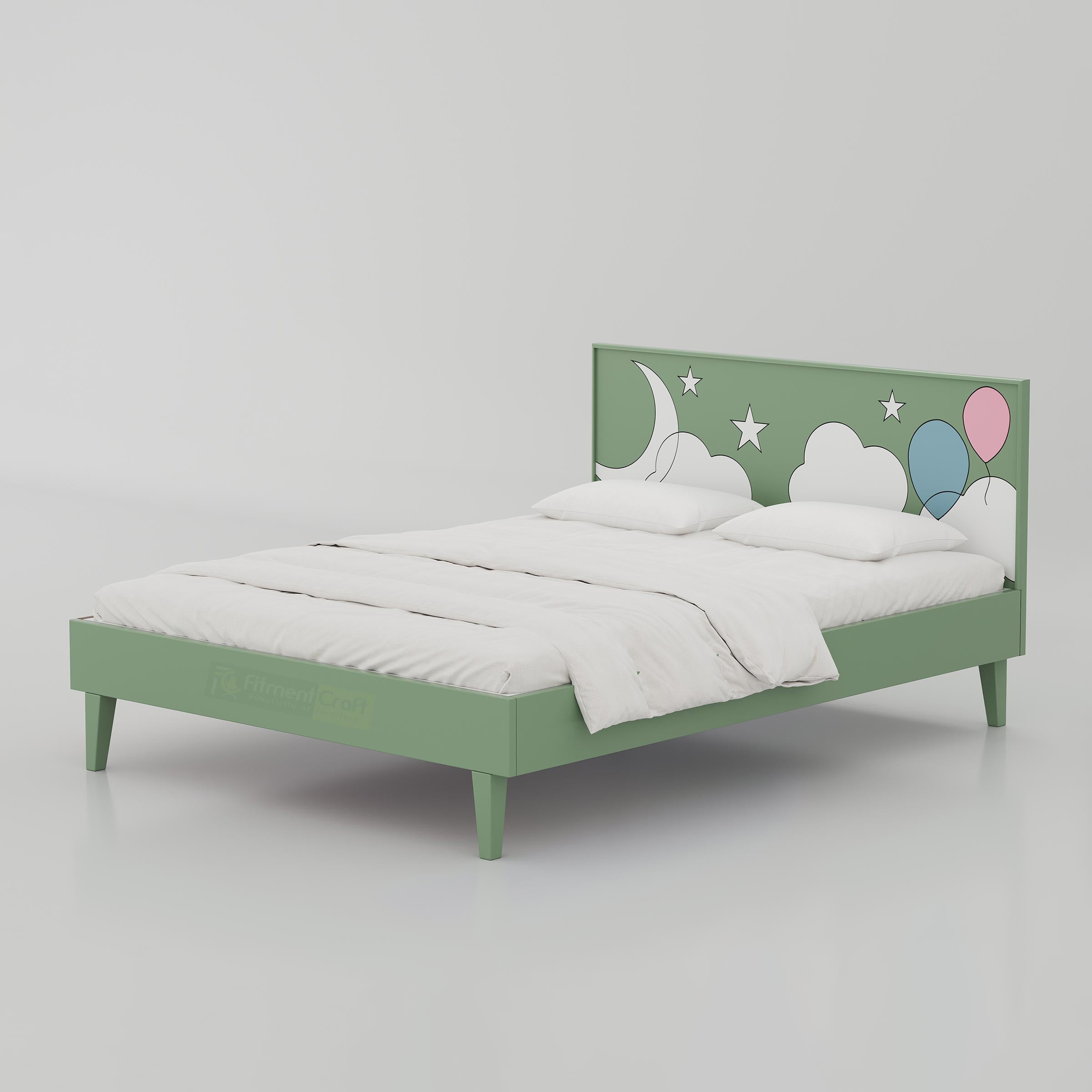 Modern king size bed featuring Moony Cloud design, premium engineered wood construction, and elegant Duco painted finish.