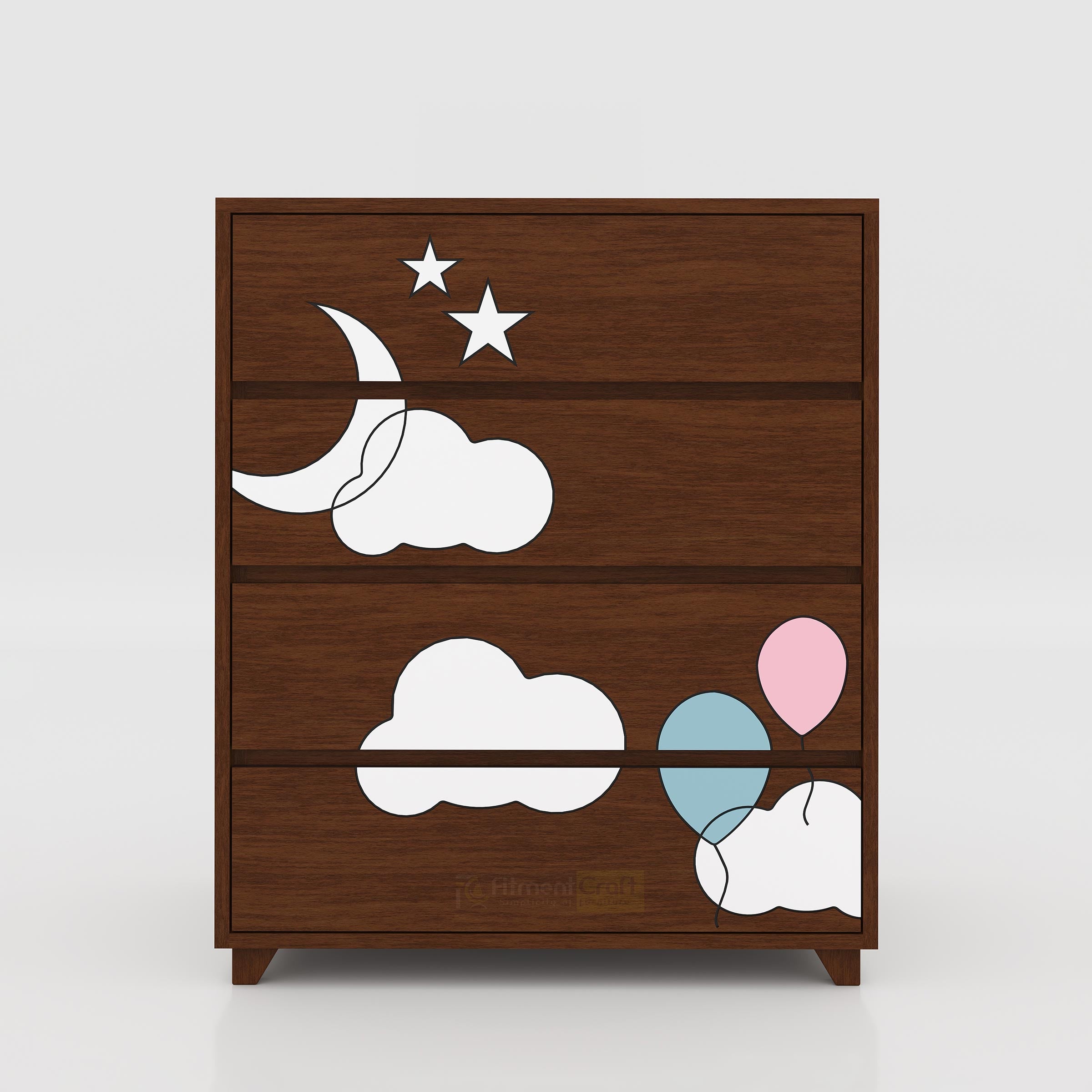 Modern bedroom wardrobe featuring cloud pattern doors, premium engineered wood, and contemporary furniture aesthetics.
