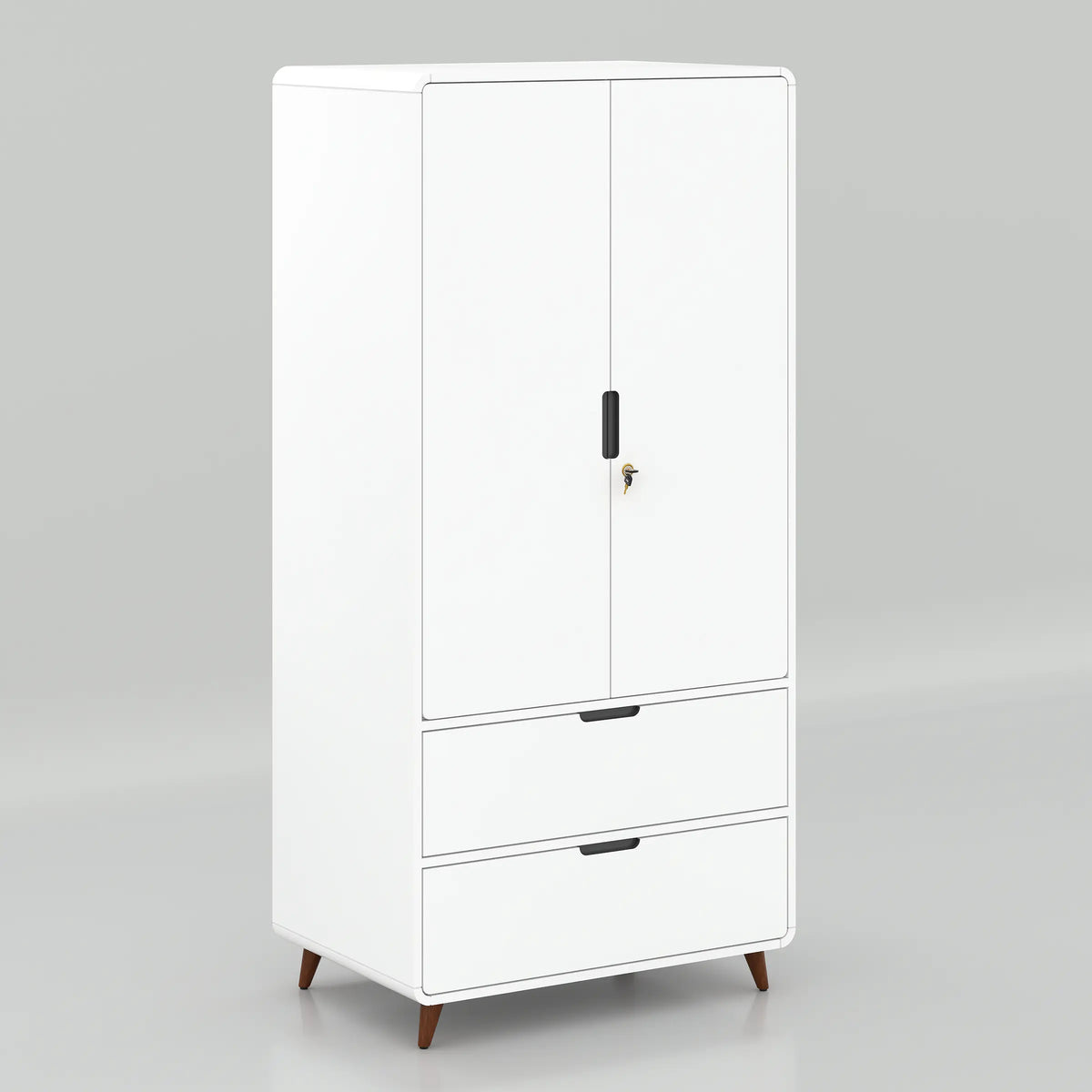Front view of the Mystic almirah in white with two doors and two lower drawers