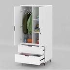 Open Mystic almirah showing hanging space, shelves and two extended lower drawers