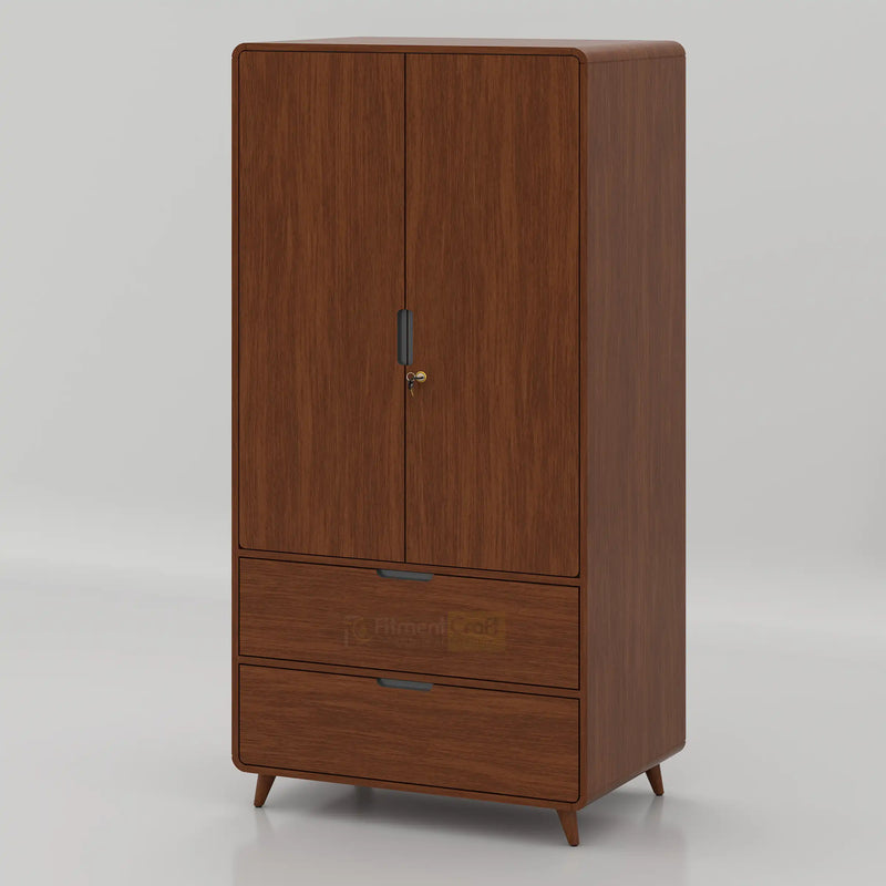 Front angled view of the Mystic almirah in dark brown with a wood-grain pattern