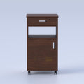 Wooden bedside cabinet with caster wheels, drawer storage, and open shelf for bedrooms, apartments, and hotel rooms.
