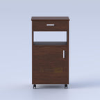 Wooden bedside cabinet with caster wheels, drawer storage, and open shelf for bedrooms, apartments, and hotel rooms.