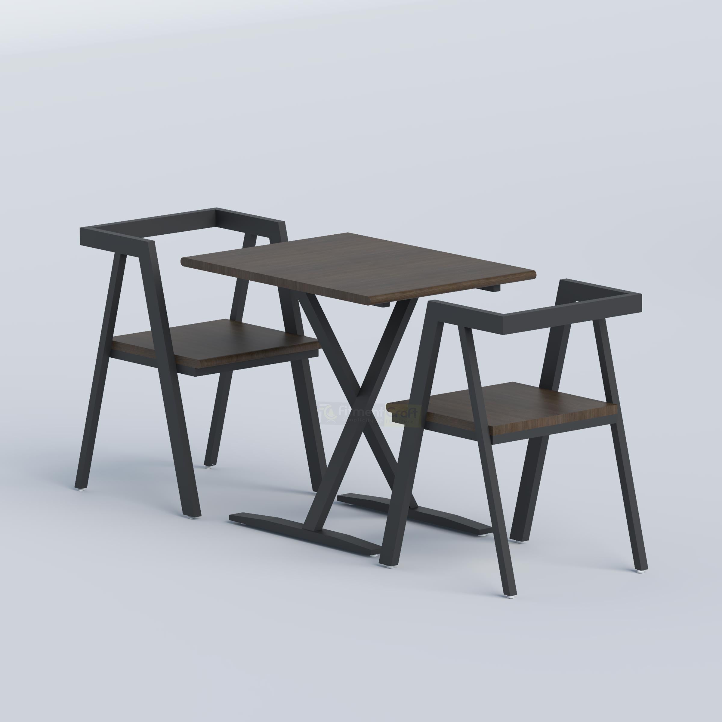 Modern Nelix two-person café table with a light wood rectangular top and stable black mild steel frame design.